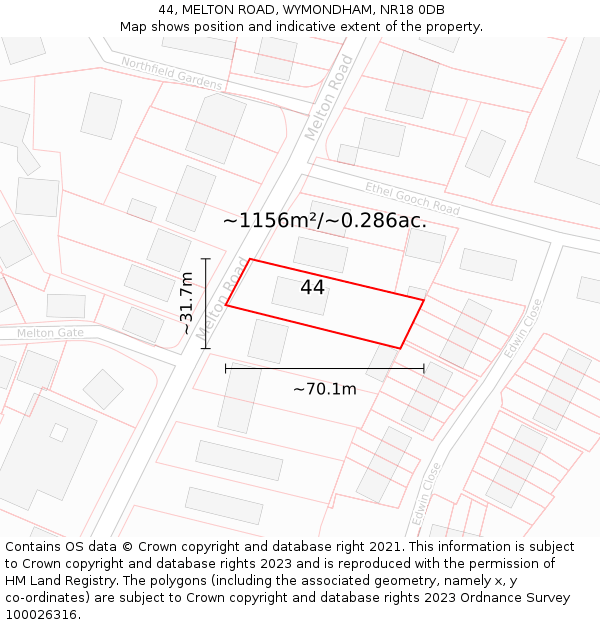 44, MELTON ROAD, WYMONDHAM, NR18 0DB: Plot and title map