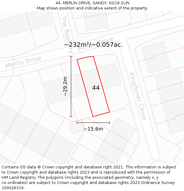 44, MERLIN DRIVE, SANDY, SG19 2UN: Plot and title map