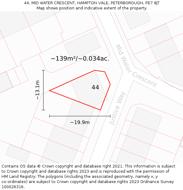 44, MID WATER CRESCENT, HAMPTON VALE, PETERBOROUGH, PE7 8JT: Plot and title map