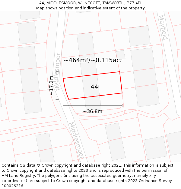 44, MIDDLESMOOR, WILNECOTE, TAMWORTH, B77 4PL: Plot and title map