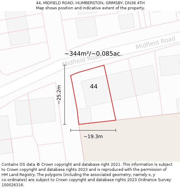 44, MIDFIELD ROAD, HUMBERSTON, GRIMSBY, DN36 4TH: Plot and title map