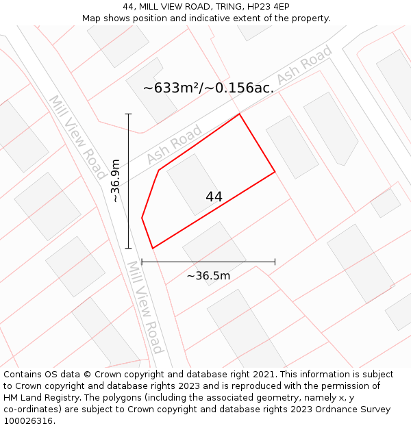 44, MILL VIEW ROAD, TRING, HP23 4EP: Plot and title map