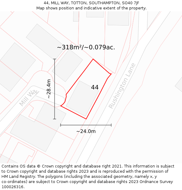 44, MILL WAY, TOTTON, SOUTHAMPTON, SO40 7JF: Plot and title map