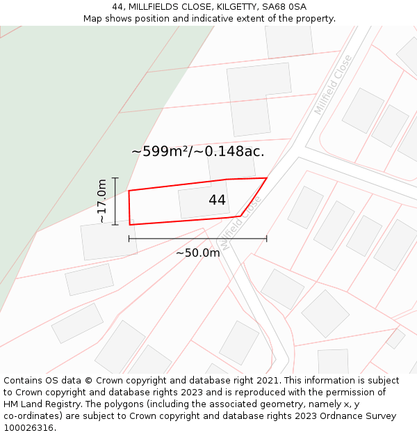 44, MILLFIELDS CLOSE, KILGETTY, SA68 0SA: Plot and title map