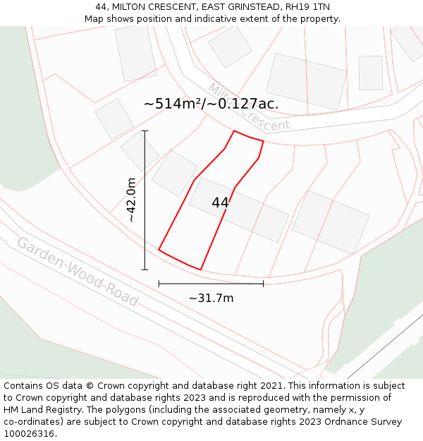 44, MILTON CRESCENT, EAST GRINSTEAD, RH19 1TN: Plot and title map
