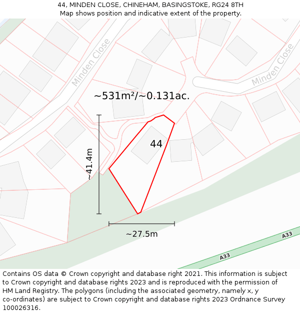 44, MINDEN CLOSE, CHINEHAM, BASINGSTOKE, RG24 8TH: Plot and title map