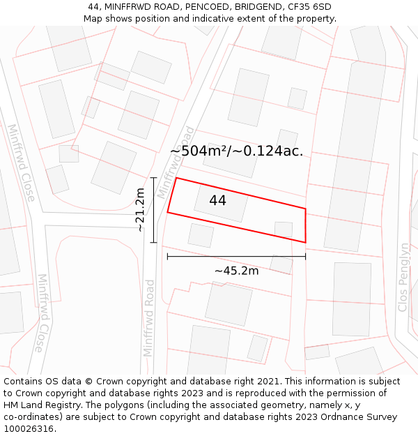 44, MINFFRWD ROAD, PENCOED, BRIDGEND, CF35 6SD: Plot and title map