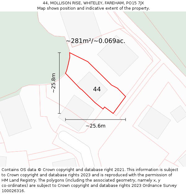 44, MOLLISON RISE, WHITELEY, FAREHAM, PO15 7JX: Plot and title map