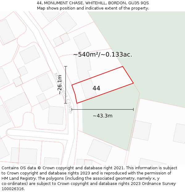 44, MONUMENT CHASE, WHITEHILL, BORDON, GU35 9QS: Plot and title map