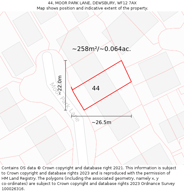 44, MOOR PARK LANE, DEWSBURY, WF12 7AX: Plot and title map
