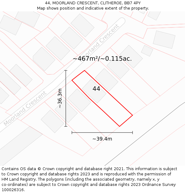 44, MOORLAND CRESCENT, CLITHEROE, BB7 4PY: Plot and title map