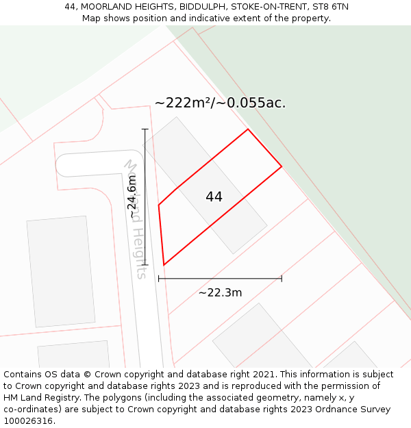 44, MOORLAND HEIGHTS, BIDDULPH, STOKE-ON-TRENT, ST8 6TN: Plot and title map