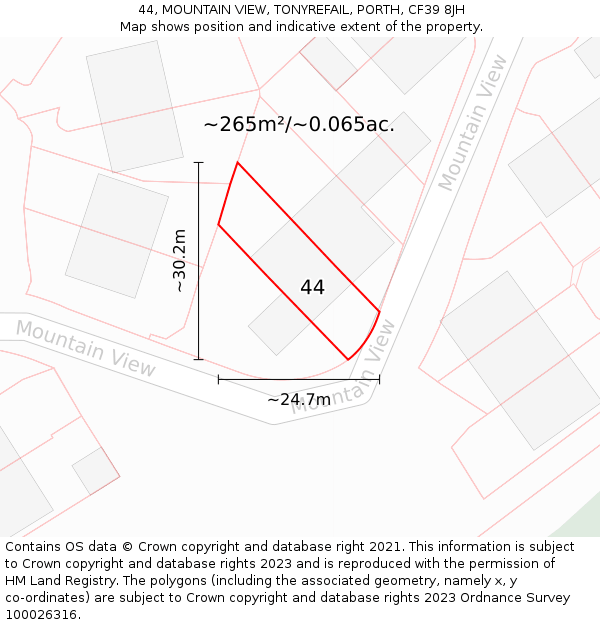 44, MOUNTAIN VIEW, TONYREFAIL, PORTH, CF39 8JH: Plot and title map