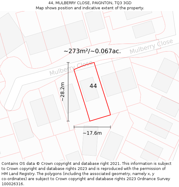 44, MULBERRY CLOSE, PAIGNTON, TQ3 3GD: Plot and title map