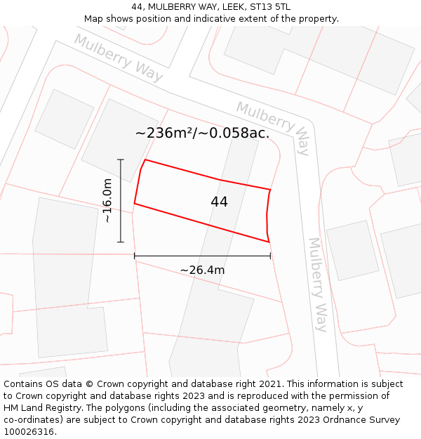 44, MULBERRY WAY, LEEK, ST13 5TL: Plot and title map