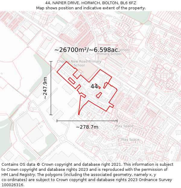 44, NAPIER DRIVE, HORWICH, BOLTON, BL6 6FZ: Plot and title map