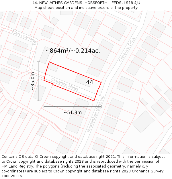 44, NEWLAITHES GARDENS, HORSFORTH, LEEDS, LS18 4JU: Plot and title map