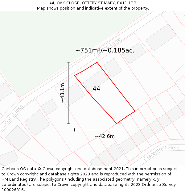 44, OAK CLOSE, OTTERY ST MARY, EX11 1BB: Plot and title map