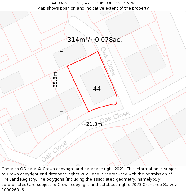 44, OAK CLOSE, YATE, BRISTOL, BS37 5TW: Plot and title map
