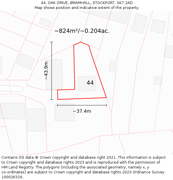 44, OAK DRIVE, BRAMHALL, STOCKPORT, SK7 2AD: Plot and title map