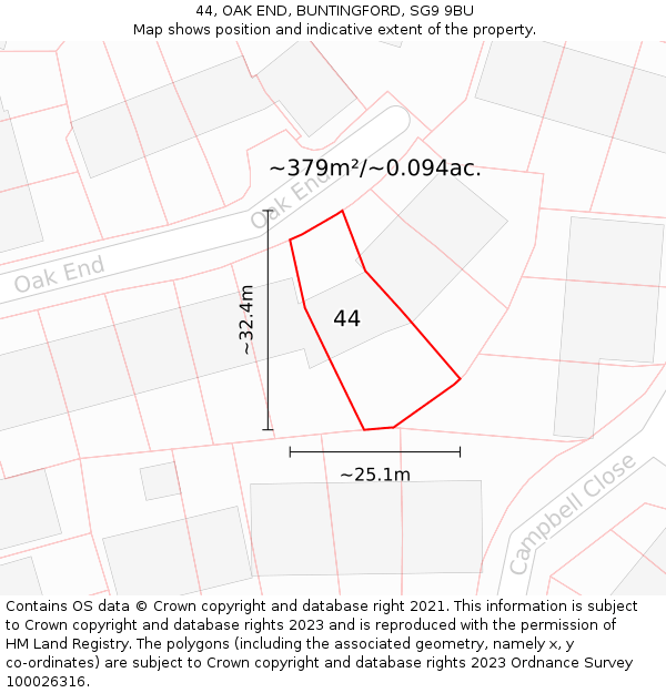 44, OAK END, BUNTINGFORD, SG9 9BU: Plot and title map