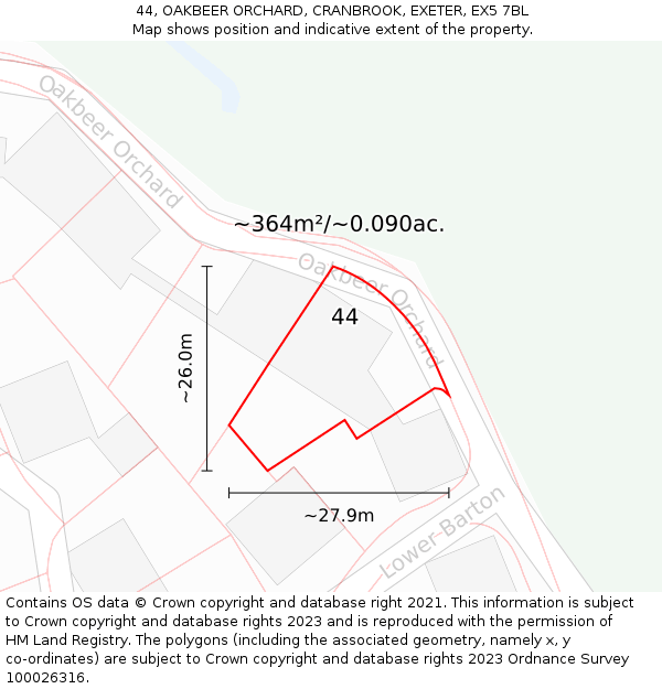 44, OAKBEER ORCHARD, CRANBROOK, EXETER, EX5 7BL: Plot and title map