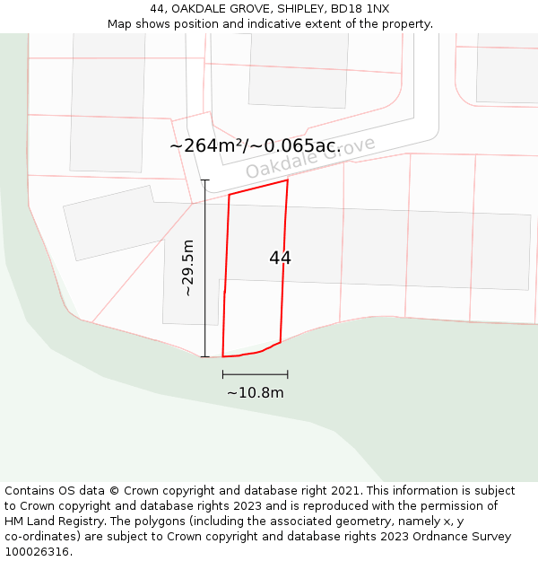 44, OAKDALE GROVE, SHIPLEY, BD18 1NX: Plot and title map
