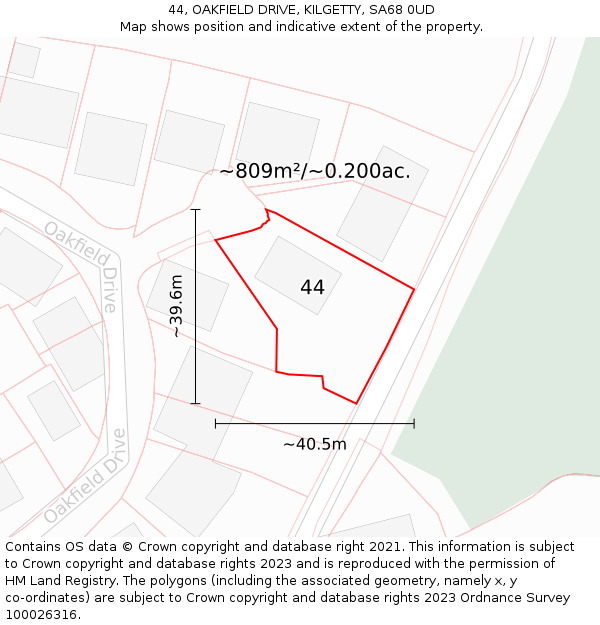 44, OAKFIELD DRIVE, KILGETTY, SA68 0UD: Plot and title map