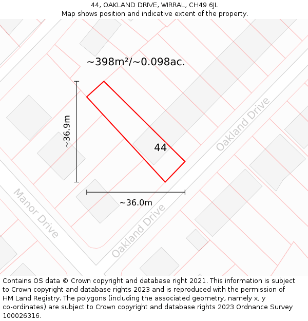 44, OAKLAND DRIVE, WIRRAL, CH49 6JL: Plot and title map