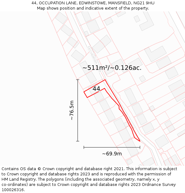 44, OCCUPATION LANE, EDWINSTOWE, MANSFIELD, NG21 9HU: Plot and title map