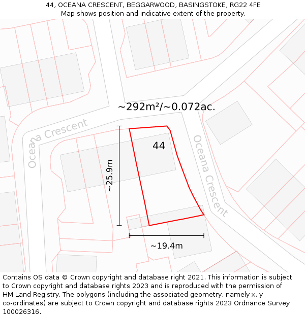 44, OCEANA CRESCENT, BEGGARWOOD, BASINGSTOKE, RG22 4FE: Plot and title map