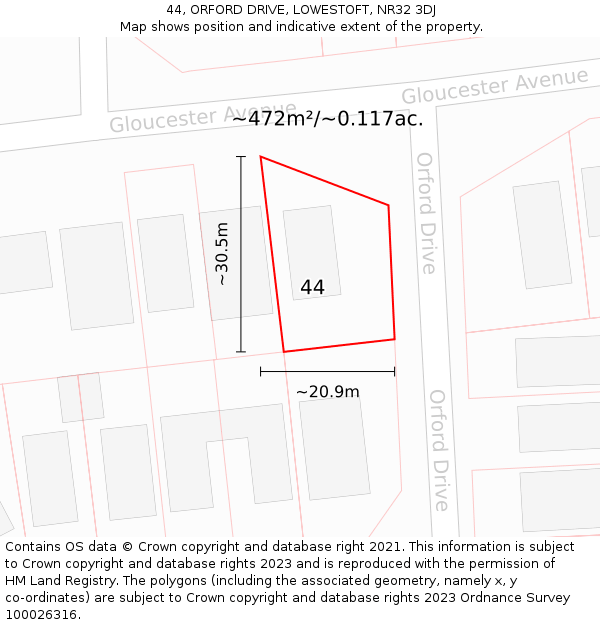 44, ORFORD DRIVE, LOWESTOFT, NR32 3DJ: Plot and title map