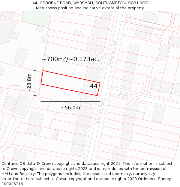 44, OSBORNE ROAD, WARSASH, SOUTHAMPTON, SO31 9GG: Plot and title map