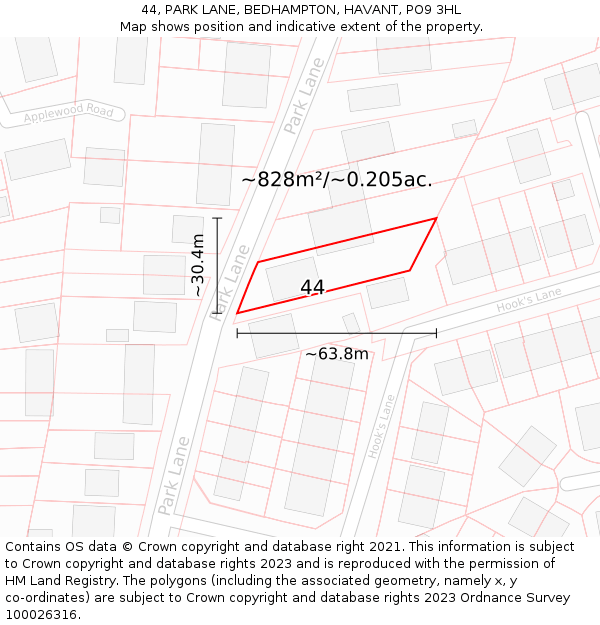44, PARK LANE, BEDHAMPTON, HAVANT, PO9 3HL: Plot and title map