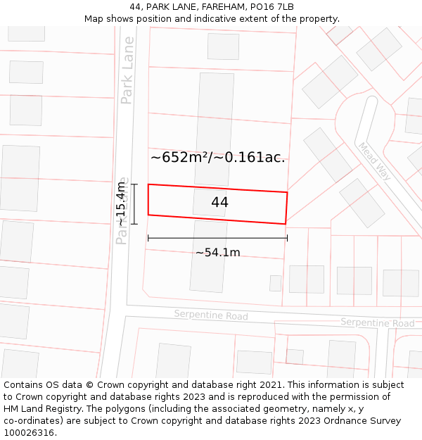 44, PARK LANE, FAREHAM, PO16 7LB: Plot and title map