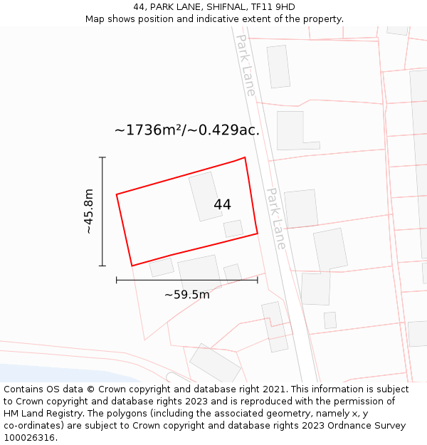 44, PARK LANE, SHIFNAL, TF11 9HD: Plot and title map