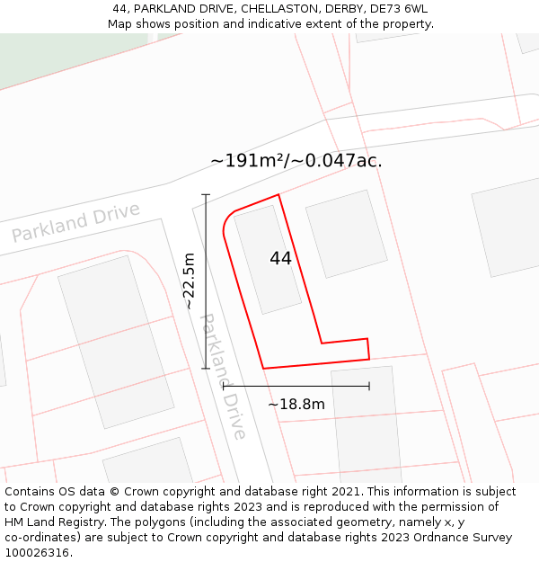 44, PARKLAND DRIVE, CHELLASTON, DERBY, DE73 6WL: Plot and title map