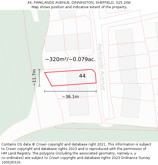 44, PARKLANDS AVENUE, DINNINGTON, SHEFFIELD, S25 2XW: Plot and title map