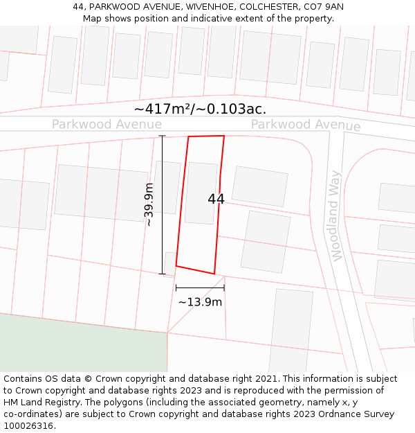 44, PARKWOOD AVENUE, WIVENHOE, COLCHESTER, CO7 9AN: Plot and title map