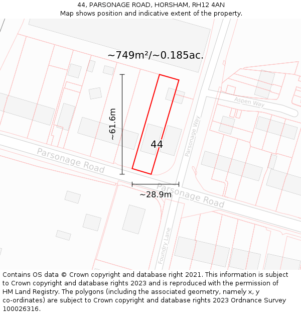 44, PARSONAGE ROAD, HORSHAM, RH12 4AN: Plot and title map