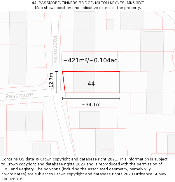 44, PASSMORE, TINKERS BRIDGE, MILTON KEYNES, MK6 3DZ: Plot and title map