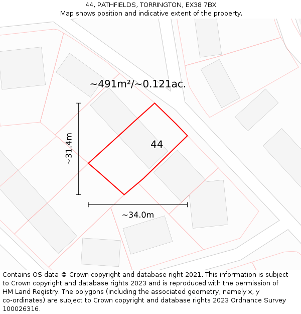 44, PATHFIELDS, TORRINGTON, EX38 7BX: Plot and title map