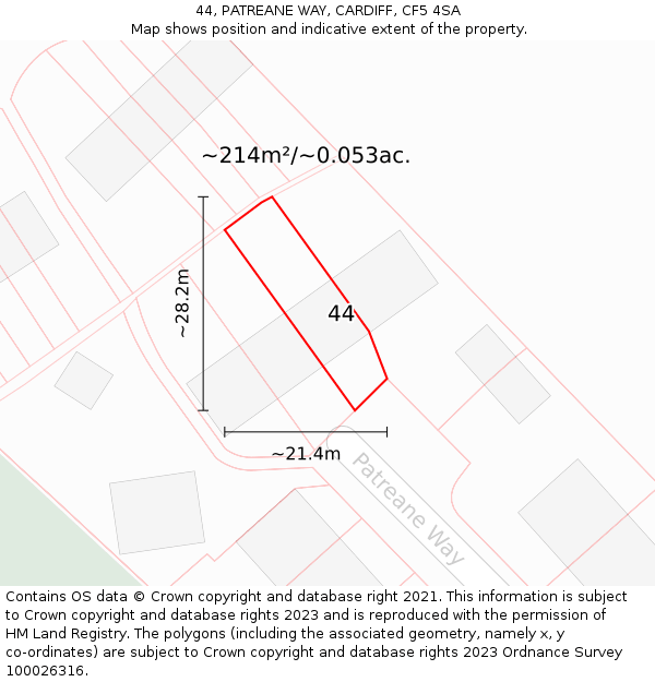 44, PATREANE WAY, CARDIFF, CF5 4SA: Plot and title map