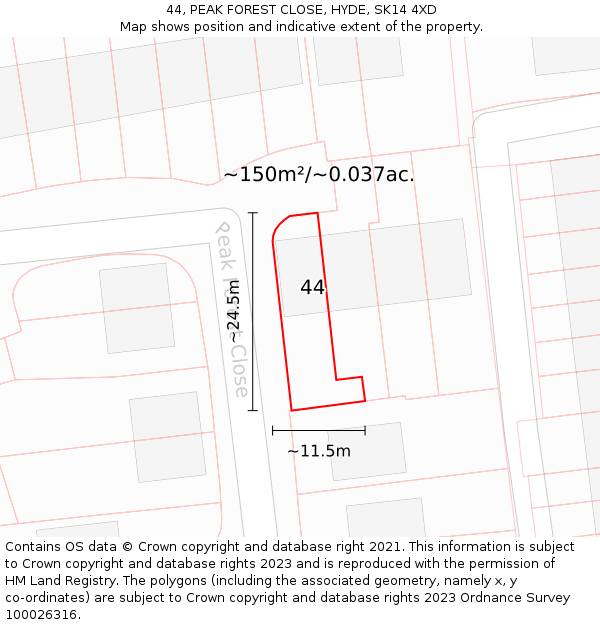 44, PEAK FOREST CLOSE, HYDE, SK14 4XD: Plot and title map