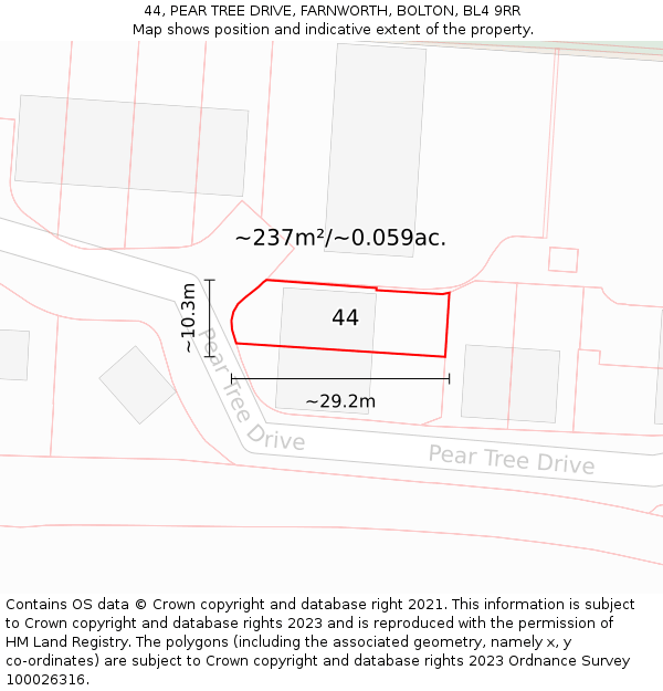 44, PEAR TREE DRIVE, FARNWORTH, BOLTON, BL4 9RR: Plot and title map