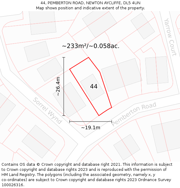 44, PEMBERTON ROAD, NEWTON AYCLIFFE, DL5 4UN: Plot and title map