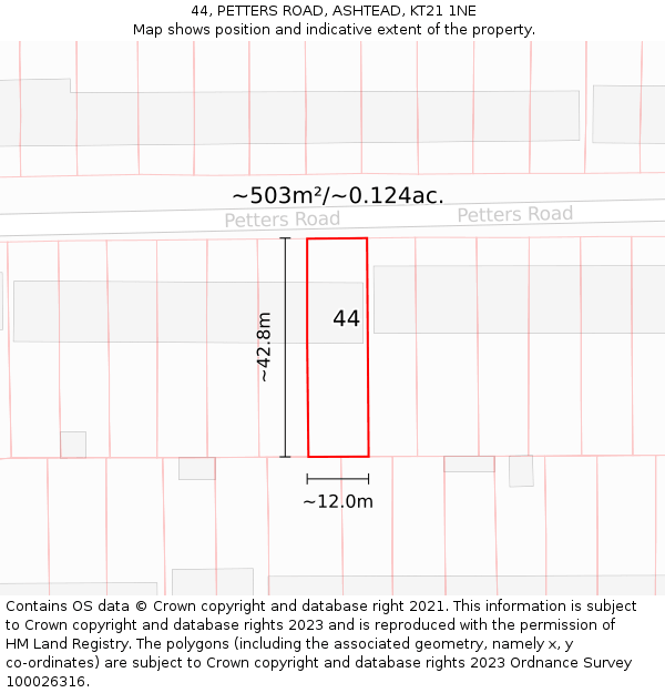 44, PETTERS ROAD, ASHTEAD, KT21 1NE: Plot and title map