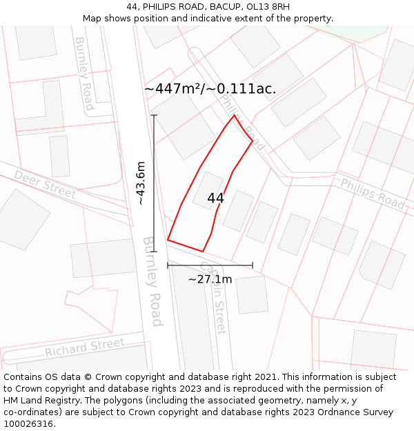 44, PHILIPS ROAD, BACUP, OL13 8RH: Plot and title map