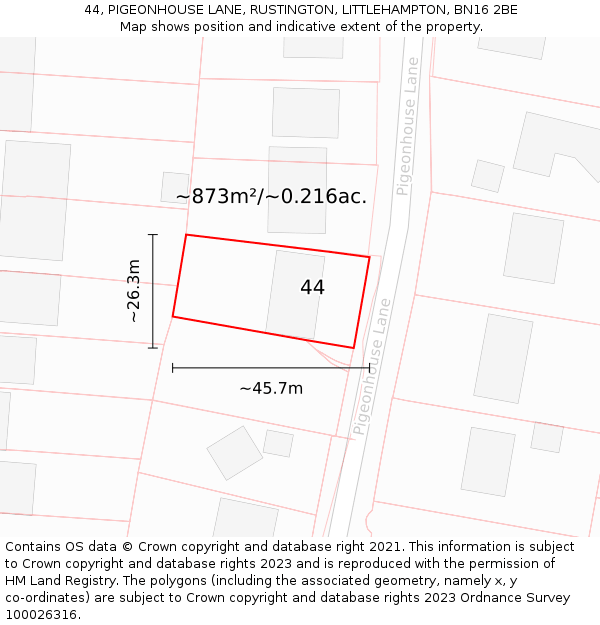 44, PIGEONHOUSE LANE, RUSTINGTON, LITTLEHAMPTON, BN16 2BE: Plot and title map