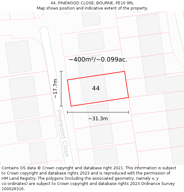 44, PINEWOOD CLOSE, BOURNE, PE10 9RL: Plot and title map